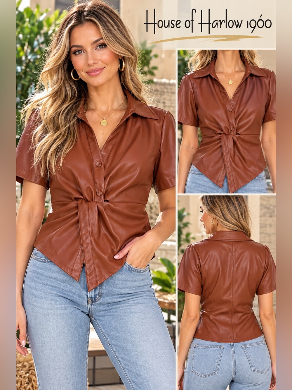 House of Harlow 1960 Vegan Leather Knot-Front Button Down Top